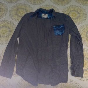 On the byas grey flannel with blue galaxy print accents